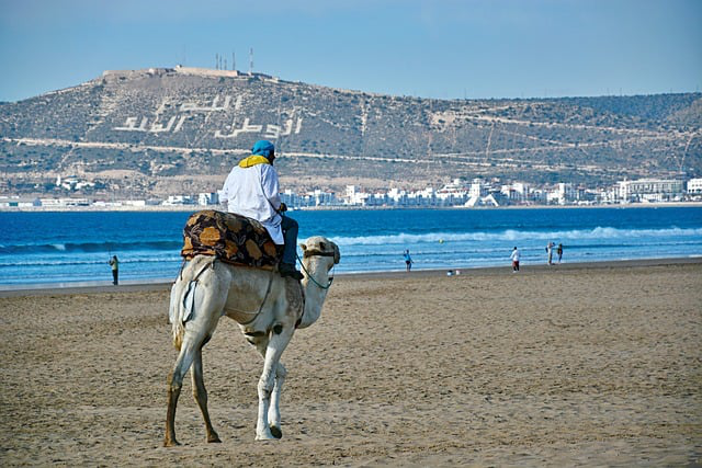 la plage d'Agadir avec l'océan Atlantique en arrière-plan, sous un ciel ensoleillé